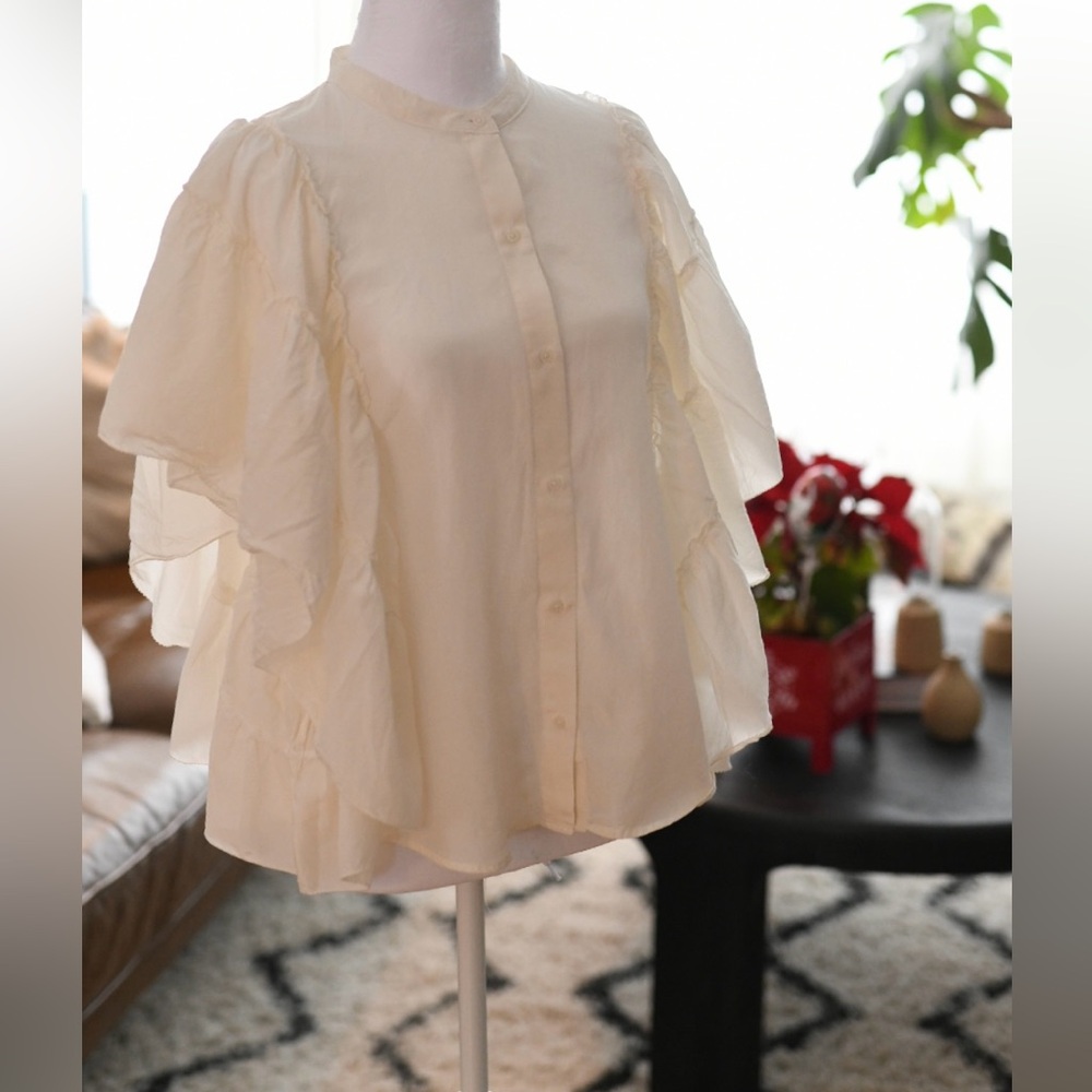 7 For All Mankind Cream Ruffle Sleeve Blouse